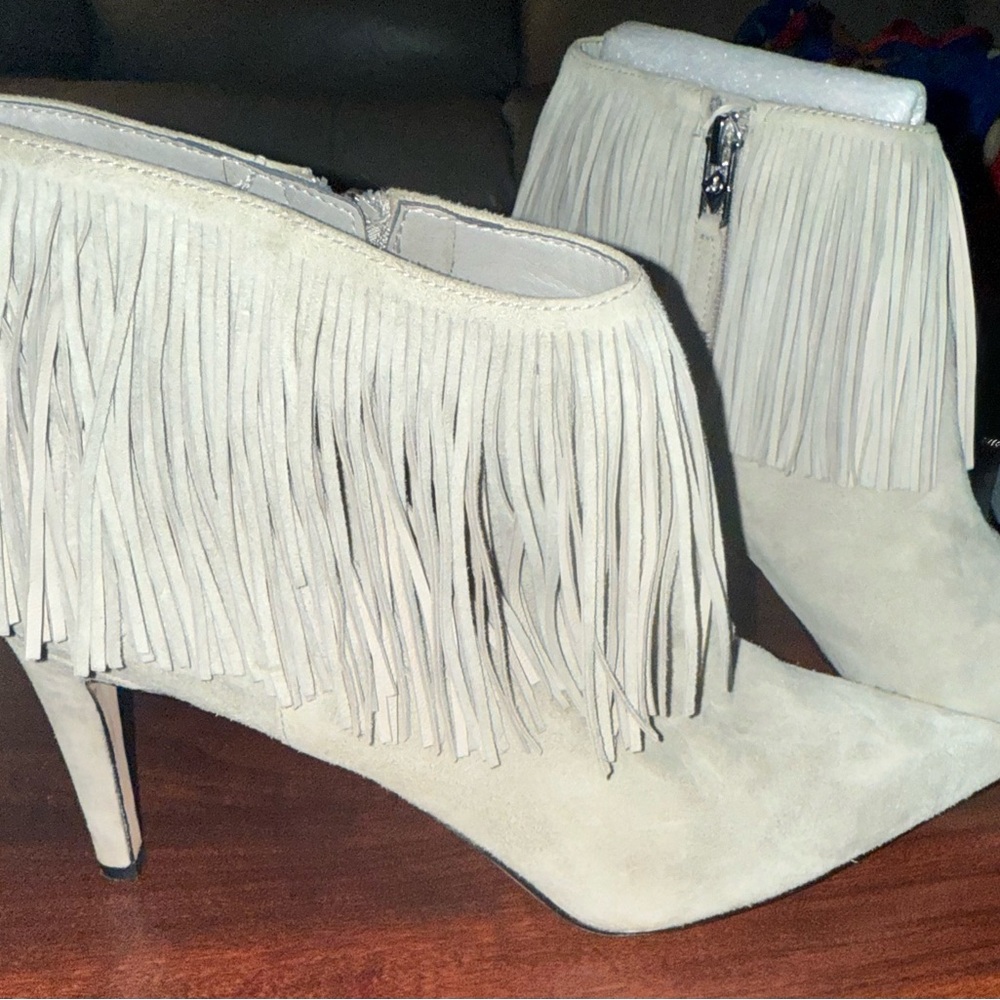 Sam Edelman Fringe Suede Heeled Boots - Cream
